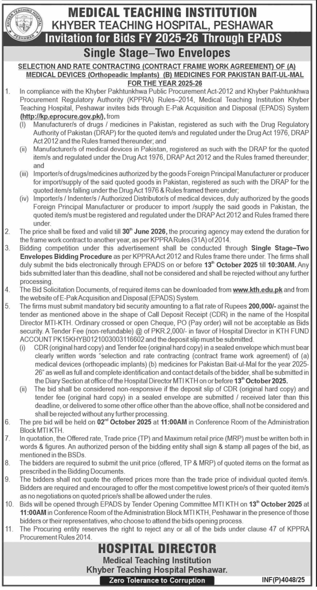 Khyber Teaching Hospital Peshawar Tender Notice